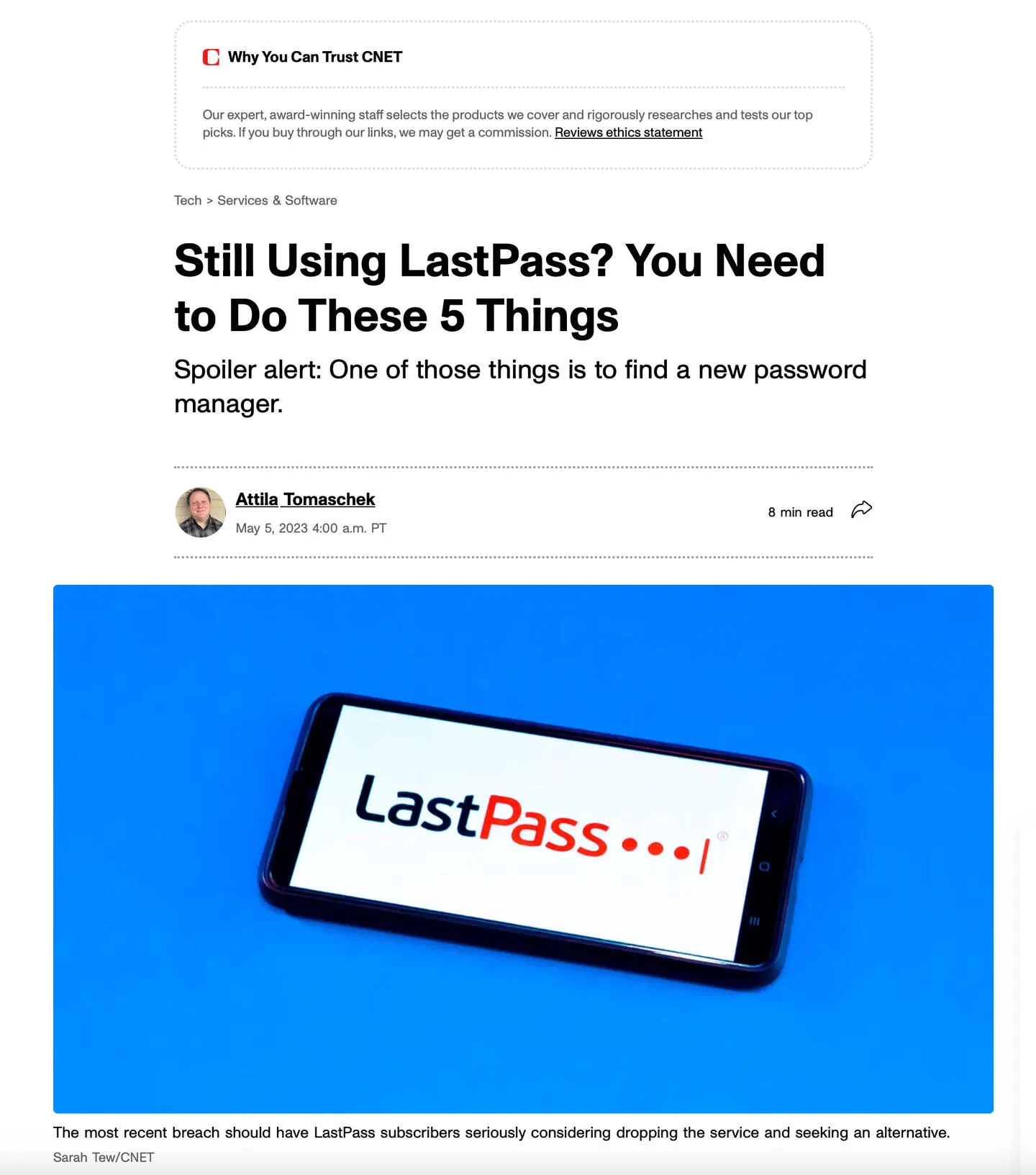 A news article headlined “Still Using LastPass? You Need to Do These 5 Things”